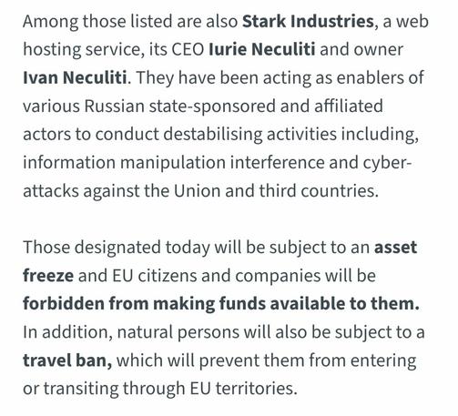 The EU council sanctions UK based hosting company Stark Industries