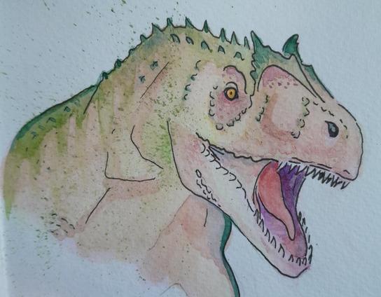 Alleosaurus head with open jaws, loʻking to the side. She is green and tan with purple mouth. Based on art for Beasts of Bermuda game.