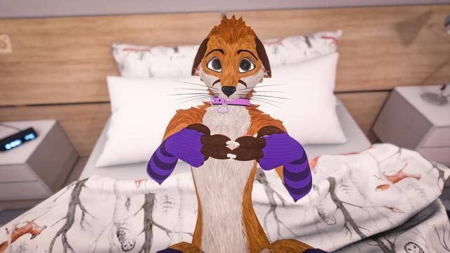 Photo taken in VR of me lying in a bed while twiddling my fingers in a shy pleading expression.