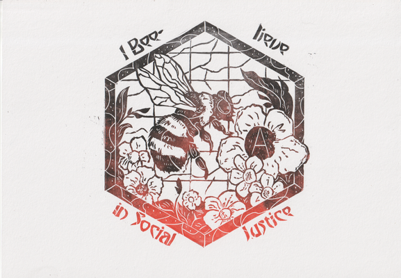 Linocut in red and black with a bumblebee gathering anarchist flowers. The design is reminiscent of art nouveau stained glass