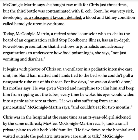 Screenshot of the linked article. The excerpt describes a mother's experience after her son Chris developed severe E. coli poisoning and hemolytic uremic syndrome after drinking contaminated raw milk from McAfee's farm. It details his hospitalization in intensive care, where he was sedated, ventilated, and unable to eat for months. The same batch of contaminated raw milk also sickened an 11-year-old girl. The mother now advocates about the serious dangers of foodborne illness through the organization Stop Foodborne Illness.