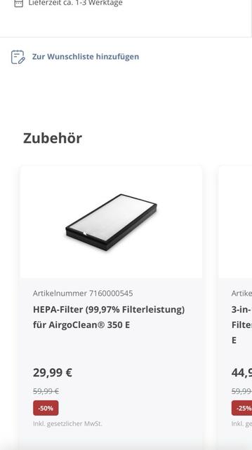 HEPA13-Filter für Airgoclean 350E: 29,99€