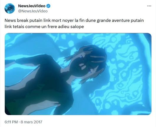 un tweet d'un compte parodique "news jeu vidéo" qui montre une image de link allongé dans l'eau (le début de botw) et le tweet dit "news break putain link mort noyer la fin dune grande aventure putain link tétais comme un frere adieu salope"