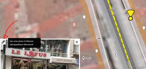 capture d'écran de l'éditeur iD sur osm.org qui permet d'afficher une photo, puis en sélectionnant le POI, on lie les 2.