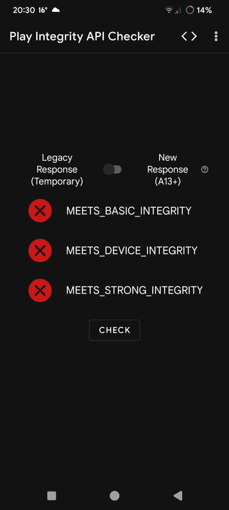 Integrity Checker app with none of the checks bypassing because they pulled the plug on legacy play integrity attestations.