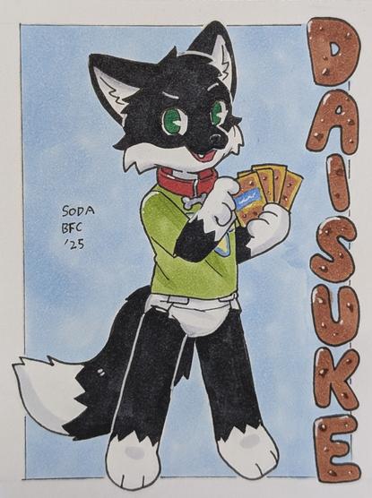 An image of a badge depicting a young fox. He's wearing a red collar with a tag, a green shirt with a star print and a diaper. He's holding 4 game cards in one hand, while picking one of them with his other hand. He has a confident yet friendly look on his face. The name Daisuke is written top to bottom on the right side.