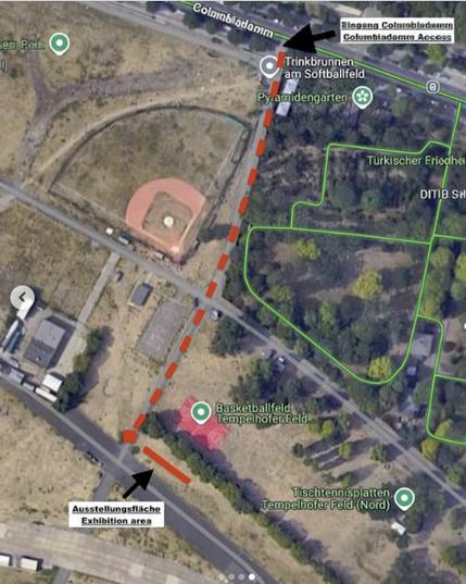 Karte zur AUsstellung: Vom eingang Columbiadamm aufs Feld, vorbei an der Infobox und dem Baseballfald und dem Basketballplatz bis an den Taxiway, in etwa gegenüber des Infopavillions