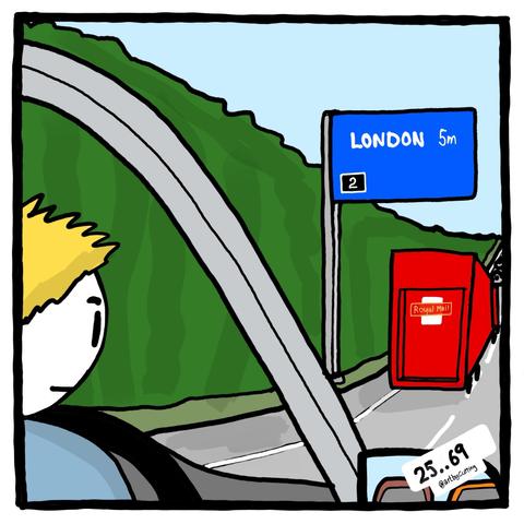 Pictured in car heading into London on motorway behind a Royal Mail lorry in heavy traffic. Lined by green trees. And a blue sky