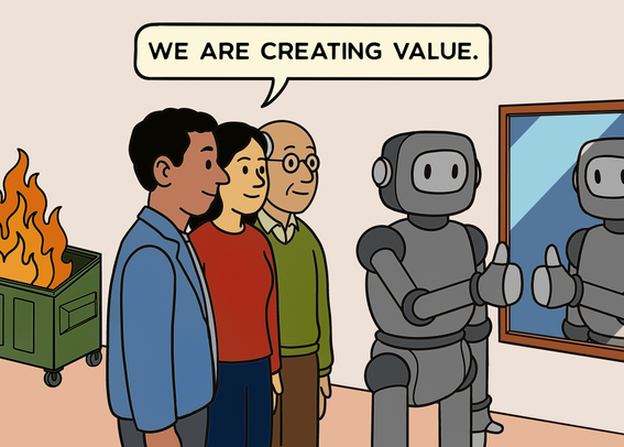 A robot gives itself the thumbs-up in a mirror. A group of people watch the robot and state, "We are creating value." Behind them, a dumpster is one fire.