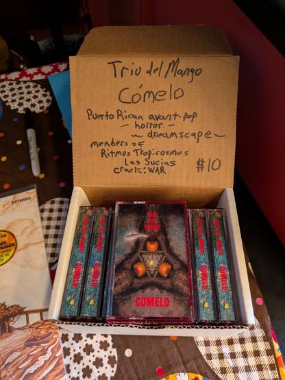 cassette tapes displayed in a box at a merch table with a hand drawn sign