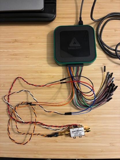 Desktop photo showing Digilent AD3 connected to Mini-Circuits RF Detector module.