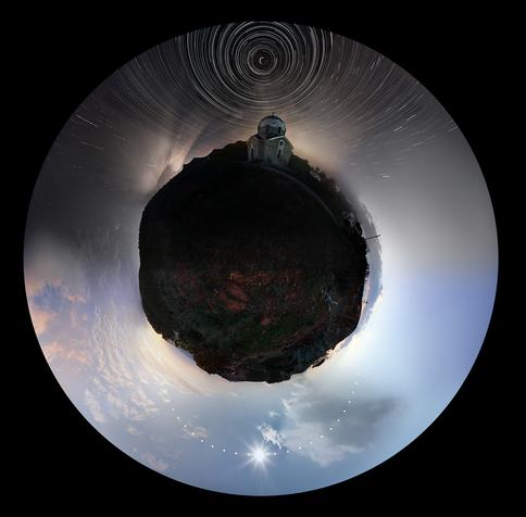 2011 January 17

Night and Day above Almost Planet Sounio
 * Credit & Copyright: Chris Kotsiopoulos (GreekSky)

Explanation: 
Has a new planet been discovered? What is pictured above is a remarkable 24 hour mosaic surrounding a spot on Sounio, Greece, right here on planet Earth. Images taken at night compose the top half of the picture, with star trails lasting as long as 11 hours visible. Contrastingly, images taken during the day compose the bottom of the image, with the Sun being captured once every 15 minutes. The image center shows a Little Prince wide angle projection centered on the ground but including gravel, grass, trees, Saint John's church, clouds, crepuscular rays, and even a signature icon of the photographer -- the Temple of Poseidon. Meticulous planning as well as several transition shots and expert digital processing eventually culminated in this image documenting half of the final two days of last year. 

Authors & editors: Robert Nemiroff (MTU) & Jerry Bonnell (UMCP)
NASA Official: Phillip Newman Specific rights apply.
NASA Web Privacy Policy and Important Notices
A service of: ASD at NASA / GSFC
& Michigan Tech. U.