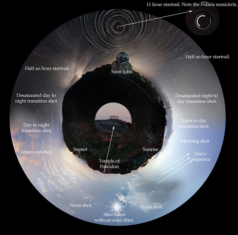 2011 January 17

Night and Day above Almost Planet Sounio
 * Credit & Copyright: Chris Kotsiopoulos (GreekSky)

Explanation: 
Has a new planet been discovered? What is pictured above is a remarkable 24 hour mosaic surrounding a spot on Sounio, Greece, right here on planet Earth. Images taken at night compose the top half of the picture, with star trails lasting as long as 11 hours visible. Contrastingly, images taken during the day compose the bottom of the image, with the Sun being captured once every 15 minutes. The image center shows a Little Prince wide angle projection centered on the ground but including gravel, grass, trees, Saint John's church, clouds, crepuscular rays, and even a signature icon of the photographer -- the Temple of Poseidon. Meticulous planning as well as several transition shots and expert digital processing eventually culminated in this image documenting half of the final two days of last year. 

Authors & editors: Robert Nemiroff (MTU) & Jerry Bonnell (UMCP)
NASA Official: Phillip Newman Specific rights apply.
NASA Web Privacy Policy and Important Notices
A service of: ASD at NASA / GSFC
& Michigan Tech. U.