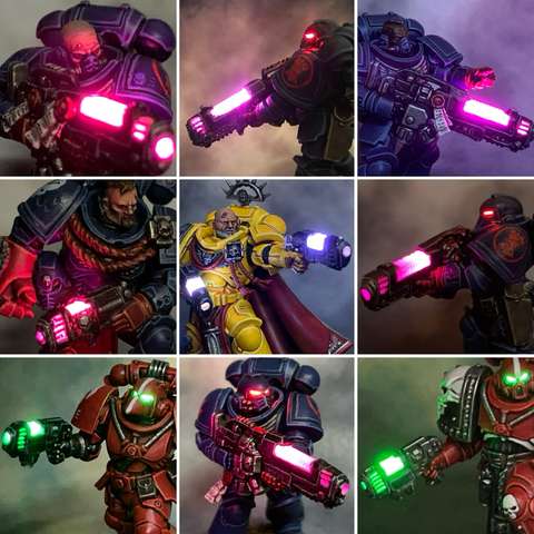 Collage of space marines holding LED plasma guns.