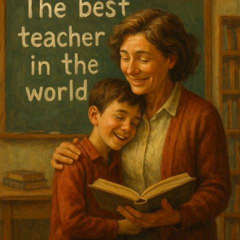 Una profesora abraza a su alummo; de fondo se lee The best teacher in the world.