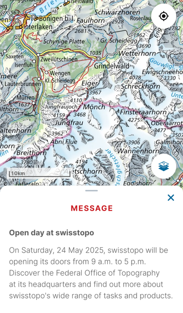 Screenshot SwissTopo app with a map of the Jungfrau region and info reg. the open house.
