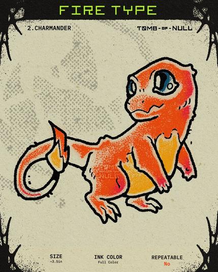 An illustration of charmander [lizard beast with a flame on their tail].

Text: Fire Type. 2. Charmander
Size: 3.5 inches
Ink Color: Full Color
Repeatable?: No