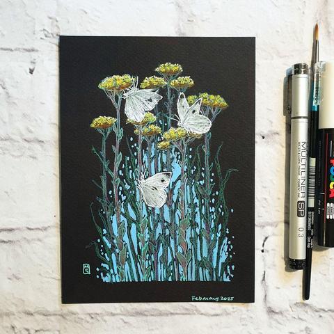 A drawing of 3 Cabbage White butterflies perched on tall yellow flowers with a blue background to the lower area of the composition. The drawing is on Black paper.
The Cabbage White butterfly is a species that thrives in diverse habitats, these small to medium-sized white butterflies with dark wingtips and spots are a familiar sight, fluttering in abundance during late spring and summer.
An original art work
Colour pencil and mixed media on acid free toned artist paper
5 by 7 inches (12.7 by 17.8 cm).
Sold unframed
