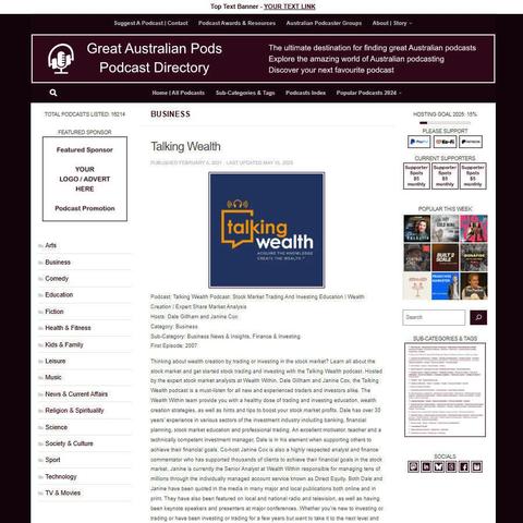 Talking Wealth Podcast: Stock Market Trading And Investing Education | Wealth Creation | Expert Share Market Analysis 
Screenshot of the podcast listing on the Great Australian Pods website