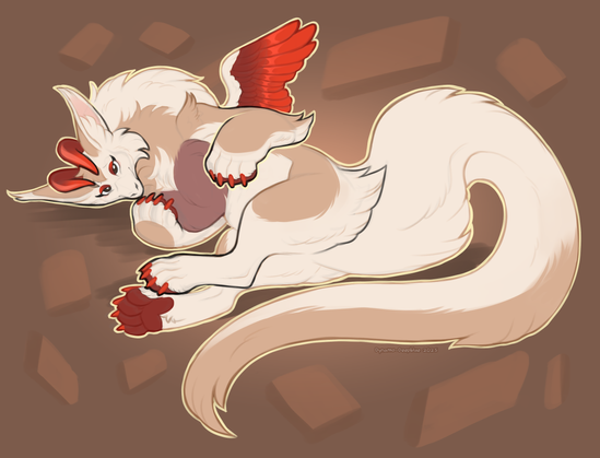 A colored sketch of a very fluffy female dragon with tan and cream fur, red horns, a very long tail and small wings with red feathers. She is lying on her side with her head on the ground, looking back toward the viewer with a sweet, inviting expression.