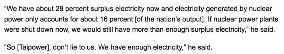 “We have about 28 percent surplus electricity now and electricity generated by nuclear power only accounts for about 16 percent [of the nation’s output]. If nuclear power plants were shut down now, we would still have more than enough surplus electricity,” he said.

“So [Taipower], don’t lie to us. We have enough electricity,” he said.