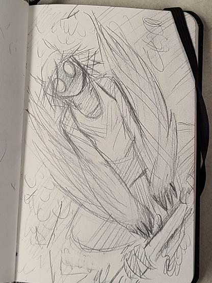 Sketch of a harpy girl crouching on a tree branch. She has a mysterious and menacing look.