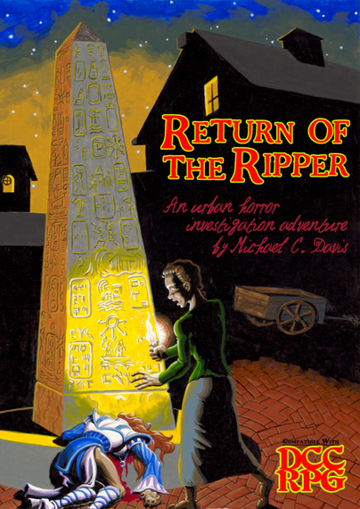 This is the front cover for an RPG book. Title says:

Return of the Ripper: an urban horror investigation adventure by Michael C. Davis.

Artwork is by Jeff Dee. It shows a woman arriving in a marketplace at dawn and stumbling across the body of a murder victim. The murdered woman lies at the bottom of an obelisk, which is carved with runes and hieroglyphs.