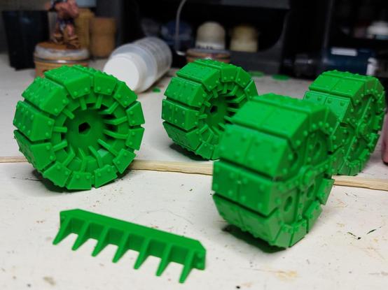 Four massively armoured wheels and a spiked ram positioned as if there is supposed to be more between them but unfortunately the hull and engine and cannon and hatches are not there