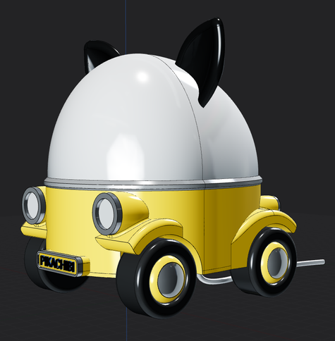 3D model of PikaChibi's first night lamp design. We see a small toy car in yellow with black cat ears and wheels. It has a large white dome on top.