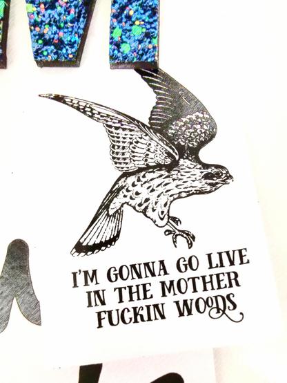 Kuva allekirjoittaneen jääkaapin ovesta, jossa mm. Effin Birdsin tarra, jossa piirretty lintu ja teksti "I'm gonna go live in the mother fucking woods".