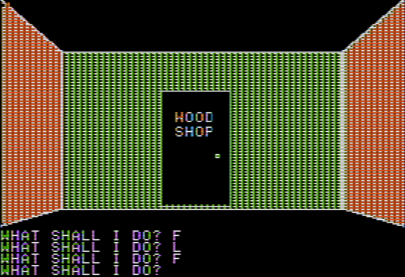 Apple II screen with door that says WOOD SHOP