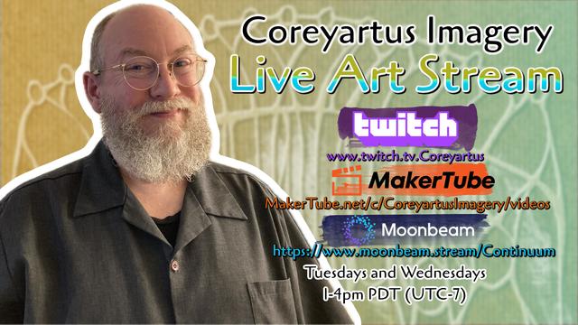 Promotional title card for a livestream with URLs of platfroms and times. Features a smiling balding man against a stylized background.