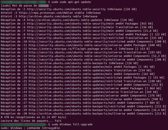 Prompt sur Linux mettant à jour les paquets puis demandant la mise à niveau de Windows.
La machine renvoie que la commande Windows est introuvable.
Ouf nous sommes sauvés