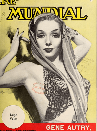Portada de revista mostrando a Lupe Vélez con un vestido de animal print y un velo, posando con una expresión intrigante.