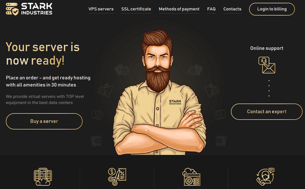 A screenshot of the Stark Industries Solutions Ltd. website showing a cartoon man with brown hair and a beard, arms crossed, looking sternly ahead.
