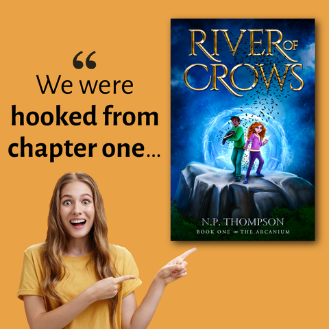 A yellow-orange square image has the cover of River of Crows in the top right corner. In the bottom left corner a woman in an orange tshirt is point up toward the book cover. Text above the woman's head has an excerpt from a reader review that reads "We were hooked from chapter one..."