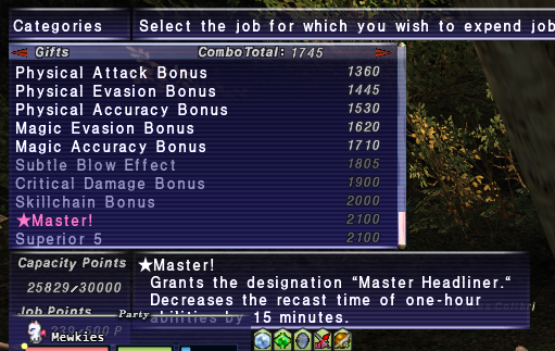 Job Mastery menu for Dancer, with 1745 slotted points out of 2100, not including points currently unspent. The master title is "Master Headliner".