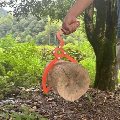A hand log grabber. It has an angled handle held in a hand, with a wooden handle. There's a lever mechanism and then two rounded arms with inward spikes on them. The arms go around a log and the spikes are grabbing it, held by the lever. Now the log, which is normally difficult to grab has a handle by which it can be easily lifted. The lever mechanism enables it to open the arms on downward pressure to quickly release the grip.