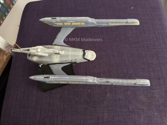 Looking down on the model showing the white milliput along the parts.