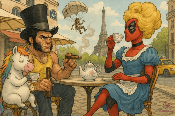 Paris, wie man es selten erlebt: Zwischen Tee, Zylinder und Einhorn wird der Alltag kurzerhand zur surrealen Bühne. Wenn Superhelden zur Teestunde laden und im Hintergrund das Chaos am Verkehrsschild seinen Lauf nimmt, weißt du – hier ist alles möglich.