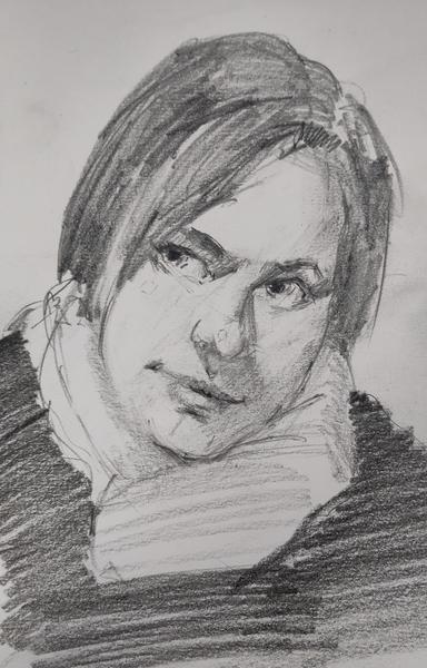 Graphite sketch of a girl looking sideways with a scarf