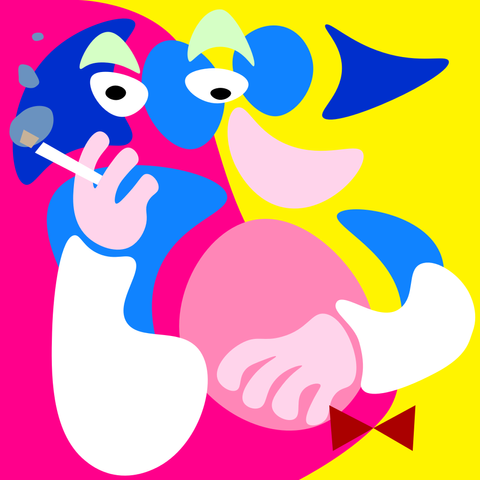 Abstract digital artwork titled "Rokende Man Een". The image shows a stylized, surreal figure of a man smoking a cigarette. His face is composed of exaggerated, brightly colored geometric shapes in electric blue, pink, and yellow. He has two uneven eyes with black pupils, mint green eyelids, and a pointed blue hat or hair shape. One hand holds a lit cigarette, with smoke rising in blue puffs. His other hand rests on a large pink oval belly. The background is split diagonally with hot pink on the left and bright yellow on the right. The style is bold and playful, resembling modernist or cubist influences, with a cartoon-like simplicity and vibrant contrast. - ALT created with AI