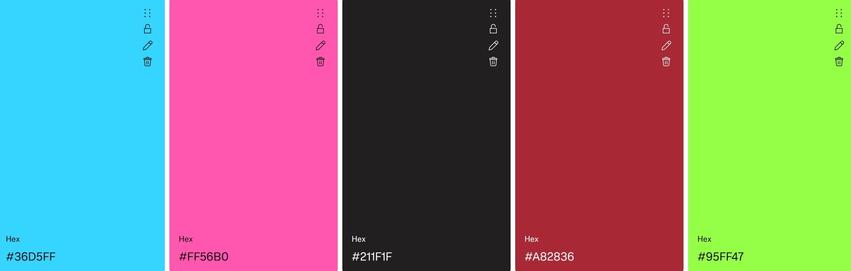 #36D5FF #FF56B0 #211F1F #A82836 #95FF47