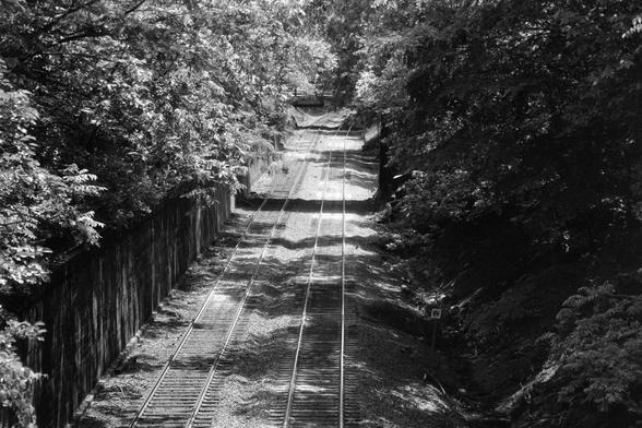A view of train tracks from an overpass above, the tracks are set into the ground and have a variety of bright and shadowed areas as it disappears from view