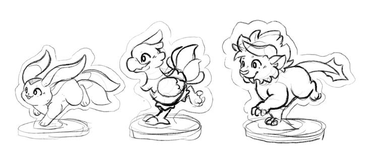 A drawing of a mock up of a carbuncle, chocobo and behemoth standees
