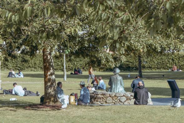 Seven people sitting under trees in a public park, with a seated statue in the middle.