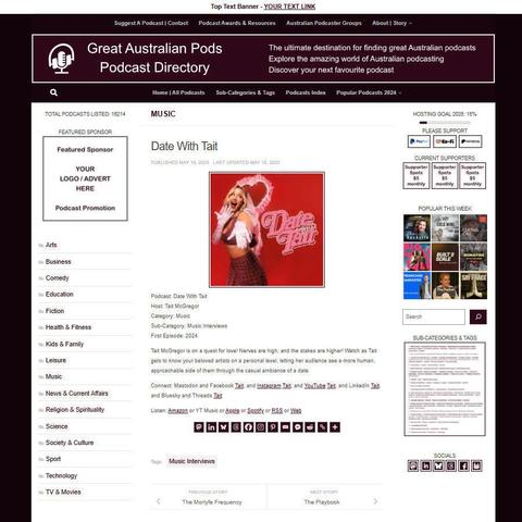 Date With Tait
Screenshot of the podcast listing on the Great Australian Pods website