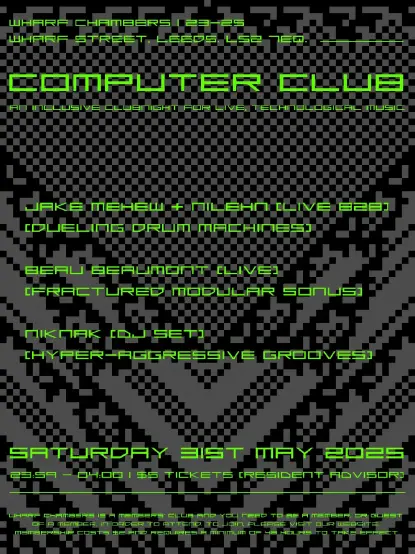 It's less than a month now until our last party before summer starts.
Be sure to put the 31st May in your diaries, and get your tickets from Resident Advisor: https://ra.co/events/2143627

We can't wait to welcome Beau Beaumont to Leeds, as they bring their modular unit and sound design to the dancefloor. Beau's been working on this set for months and we can't wait to year it!
Jake Mehew and Nilehn have been preparing a double drum machine set to get the energy moving. Think heavy rumbles, polymetric grooves, acid bass licks.
Nik Nak will be closing with two hours of pure rhythmical ruckus, as we welcome the first DJ set of Computer Club.

Our event is growing with each edition of the club night and we're so incredibly grateful to be able to provide you with exciting new music in a safe and welcoming community.
See you on the dancefloor. oo

#leedsevents #techno #electronicmusic #nightlife #queer #leeds #leedsevents #inclusive #wharfchambers #leedsmusicscene #technomusic #clubculture