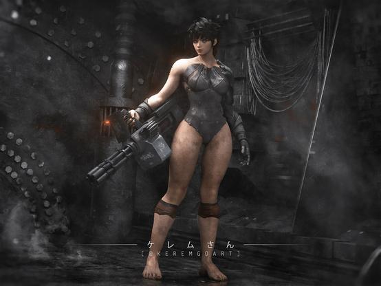 digital fan art portrait of LUNA from The First Descendant standing on a sci-fi style corridor with a Gatling gun in her hand