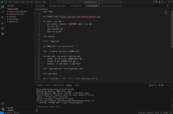 A picture of the Dockerfile.git file open in Visual Code Studio showing how it builds the current bleeding edge.  Just ignore the little force push thing in the terminal window at the bottom...